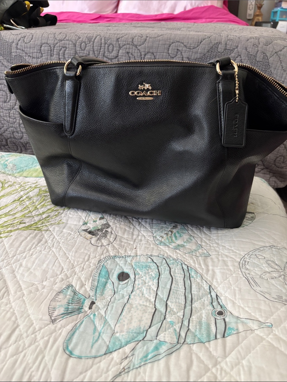 Coach Black Leather Tote/Diaper Bag with Gold-Tone Logo